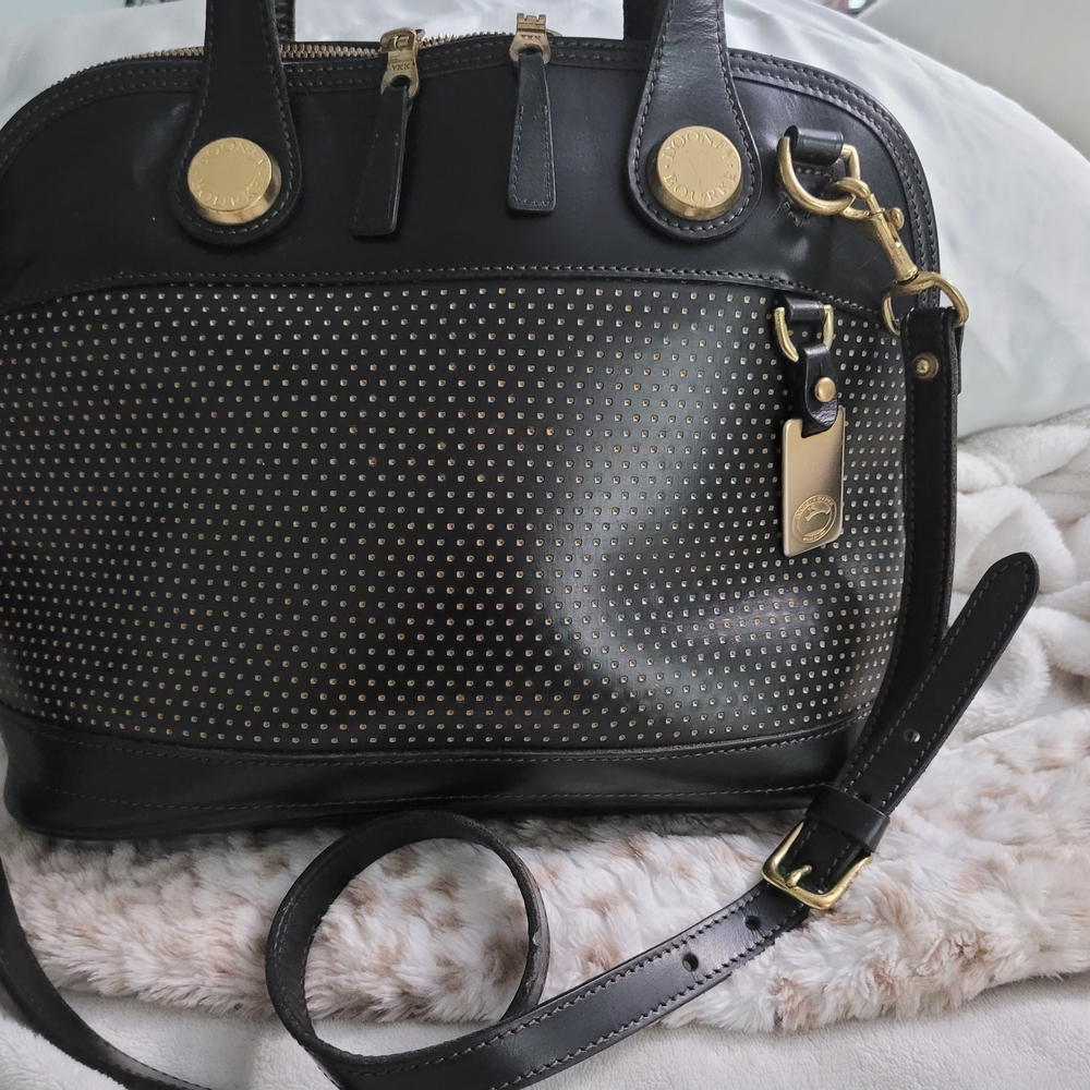Dooney & Bourke Black and Gold Domed Satchel Bag with Crossbody Strap